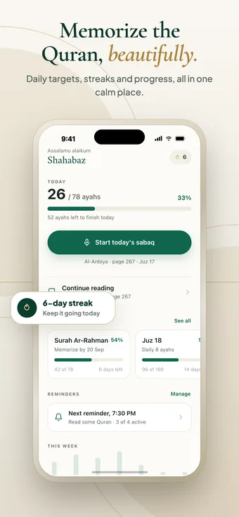 Ayafy home screen with daily ayah target, 6-day streak, goals and reminders