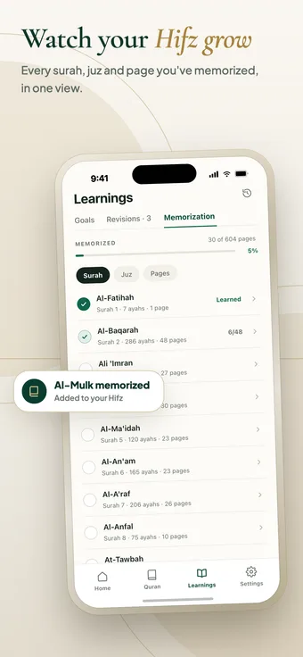 Ayafy memorization tracker listing memorized surahs out of 604 Mushaf pages