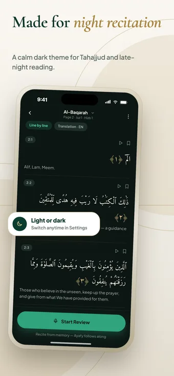 Ayafy dark mode showing Surah Al-Baqarah line by line with English translation