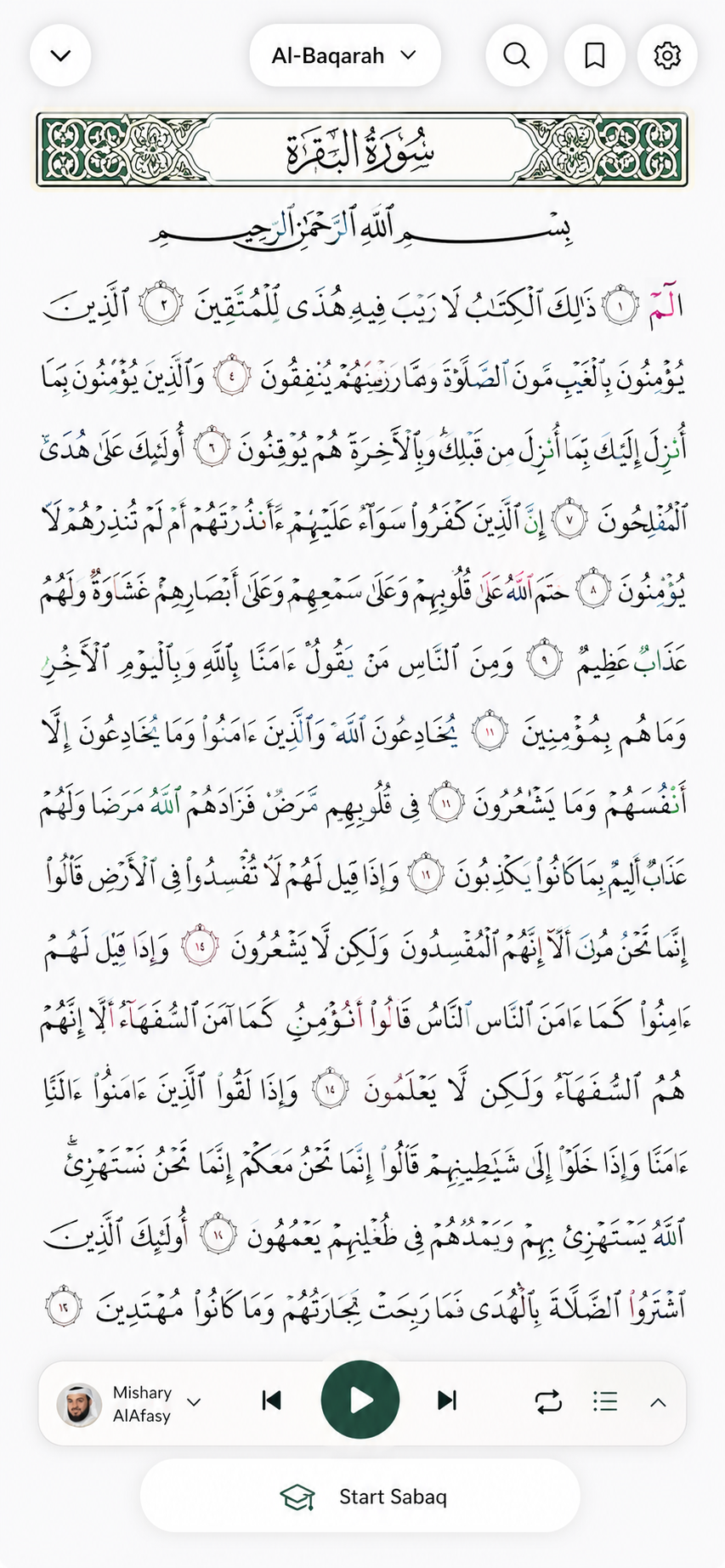 Ayafy Quran reader screen with Arabic verses, translation, and reading controls